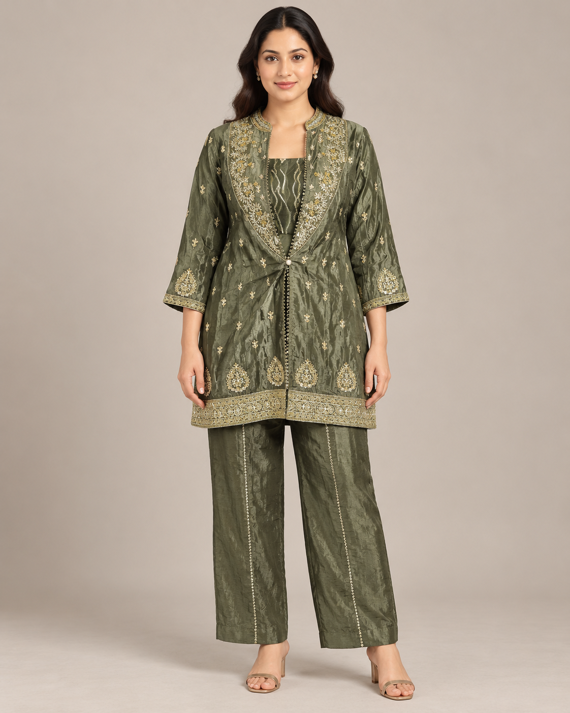 Mehendi Green Embroidered Jacket Trouser Set