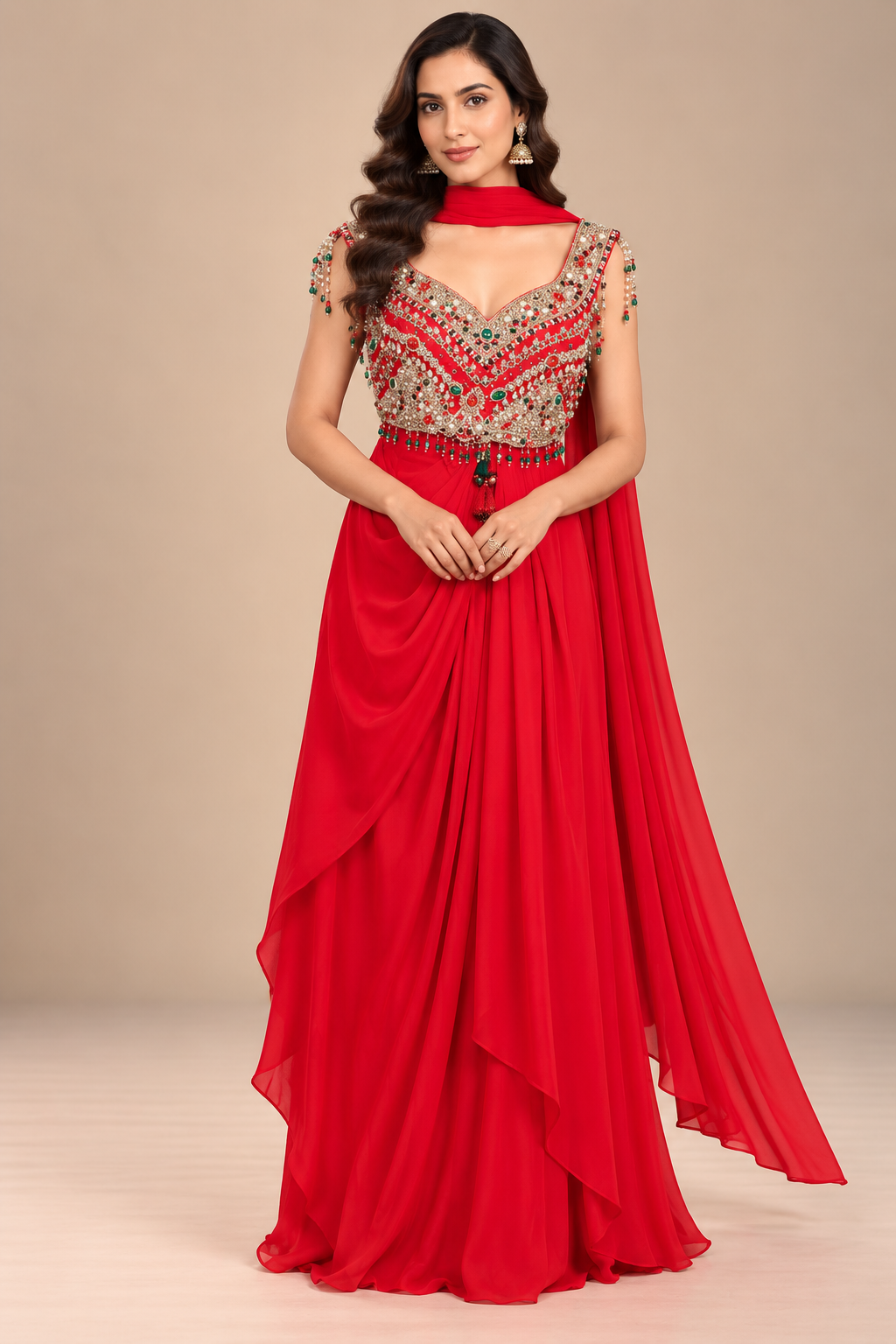 Glamorous Crimson Red Embellished Draped Gown