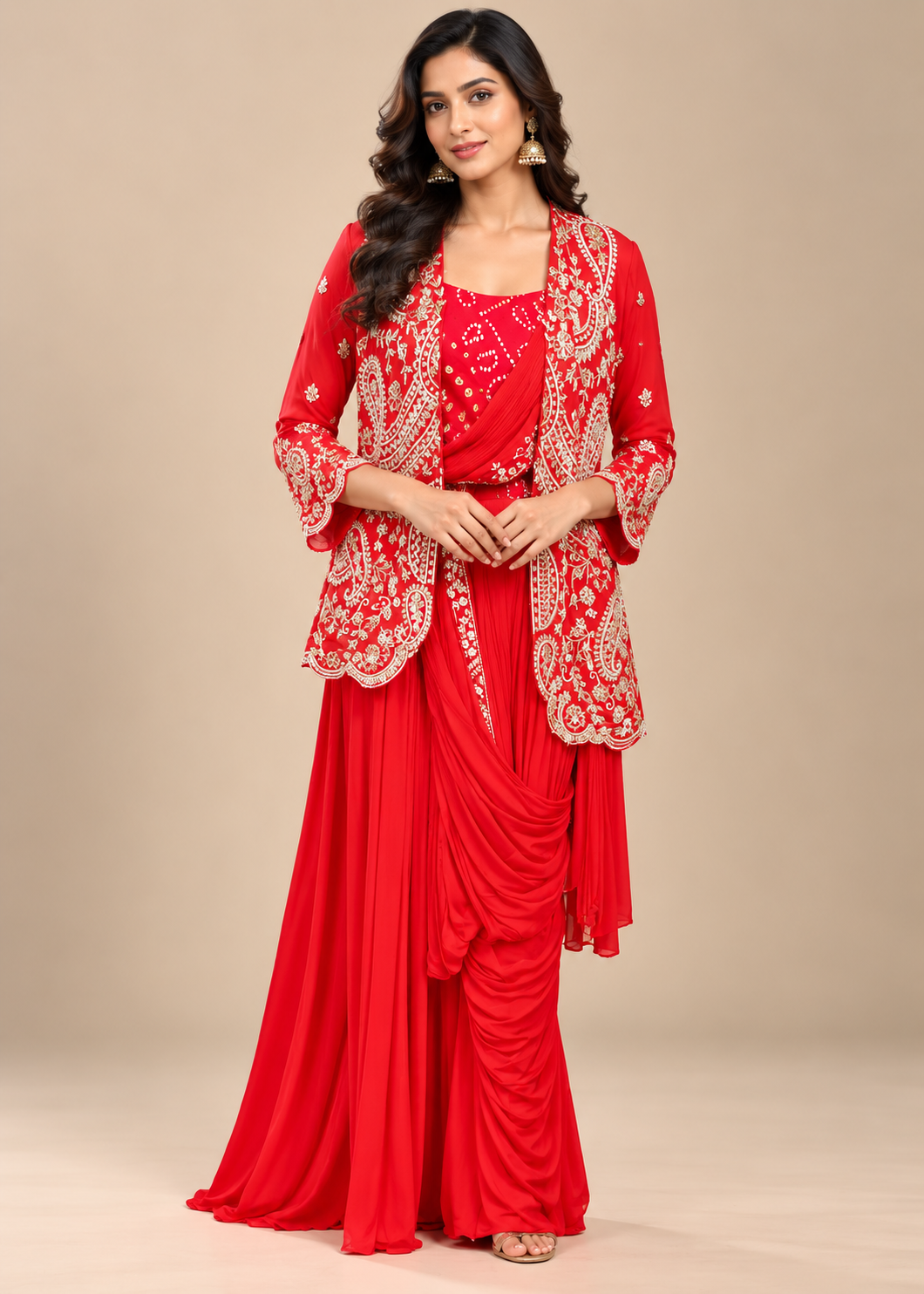 Regal Crimson Red Draped Saree Set with Embroidered Jacket Main image