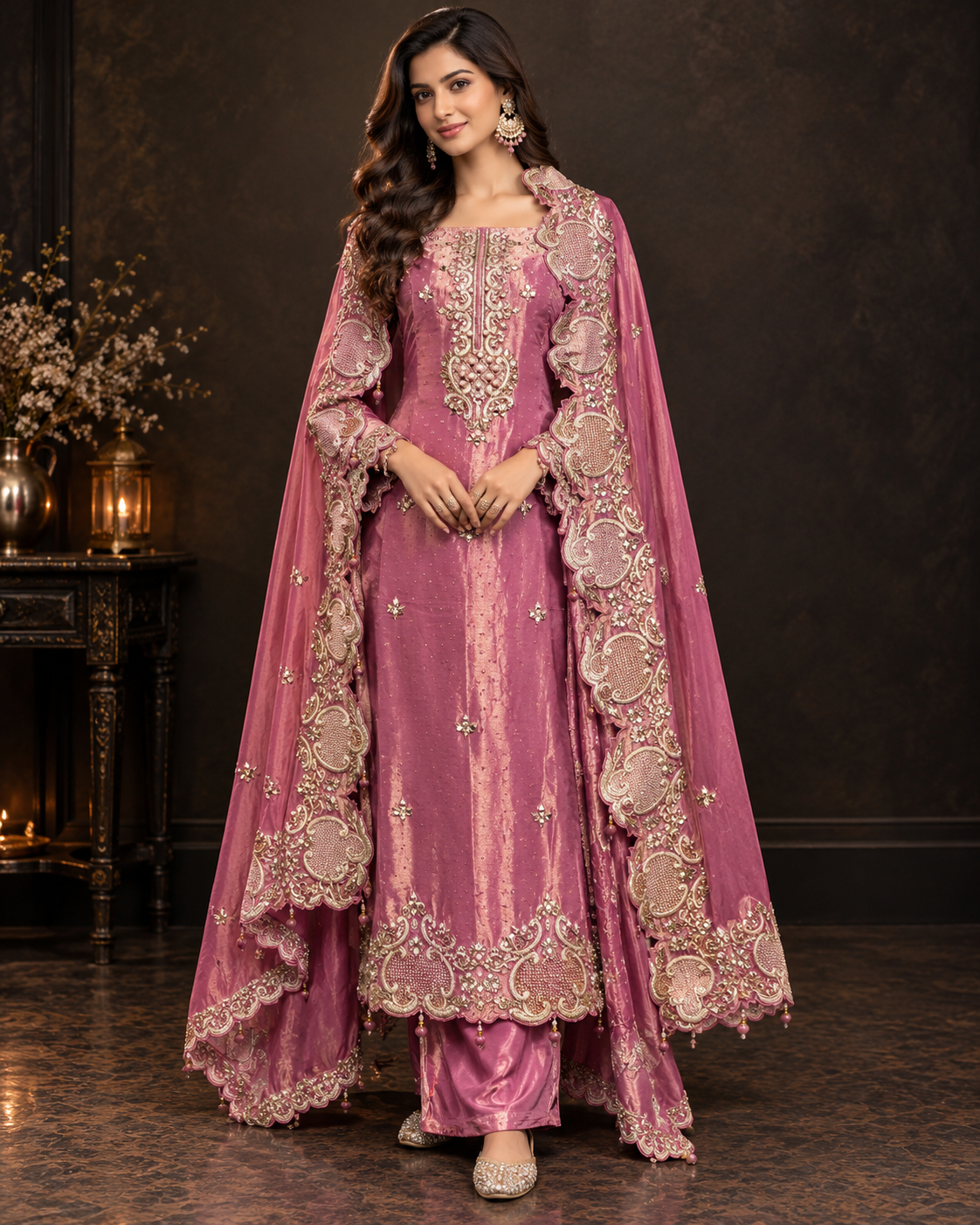 Elegant Rose Pink Embroidered Designer Suit