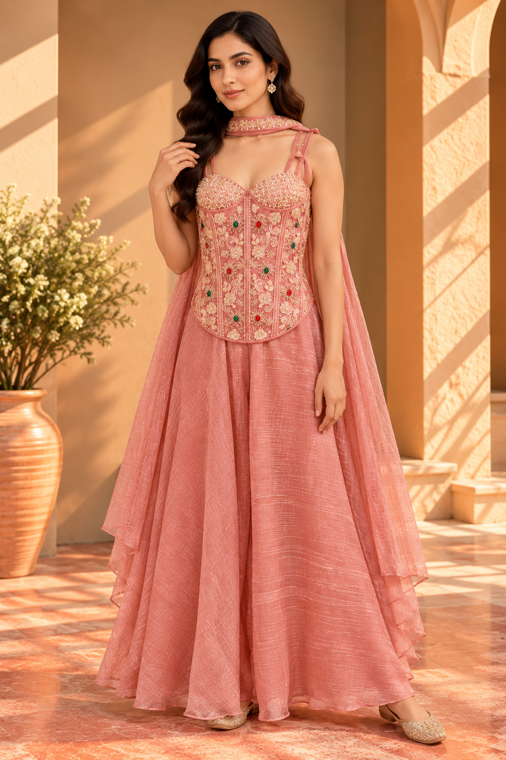 Rose Pink Embellished Corset & Sharara Cape Set