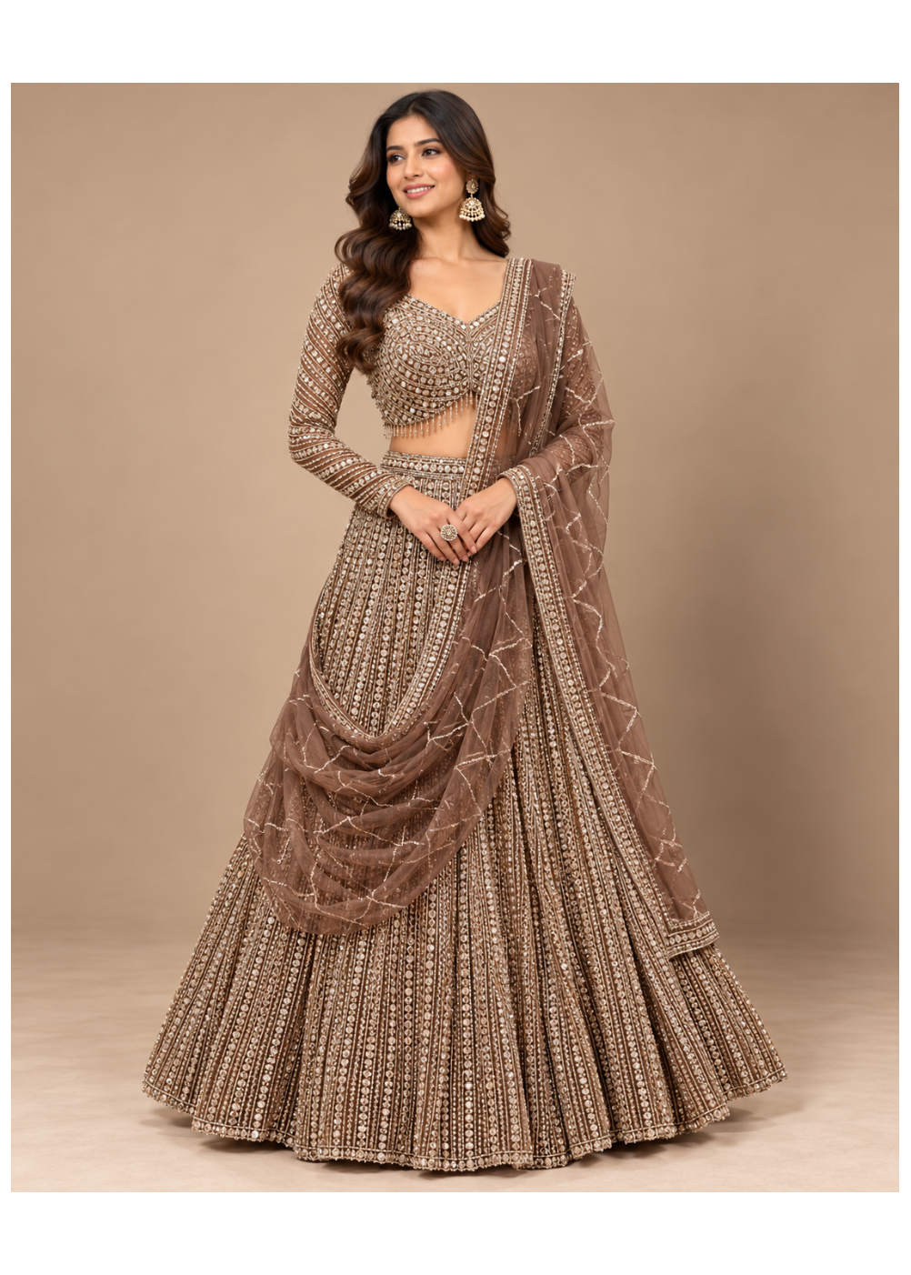 Mocha Brown Embroidered Designer Bridal Lehenga