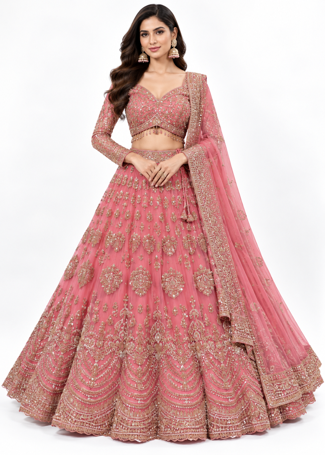 Pink Gold Embroidered Bridal Lehenga Set Main image