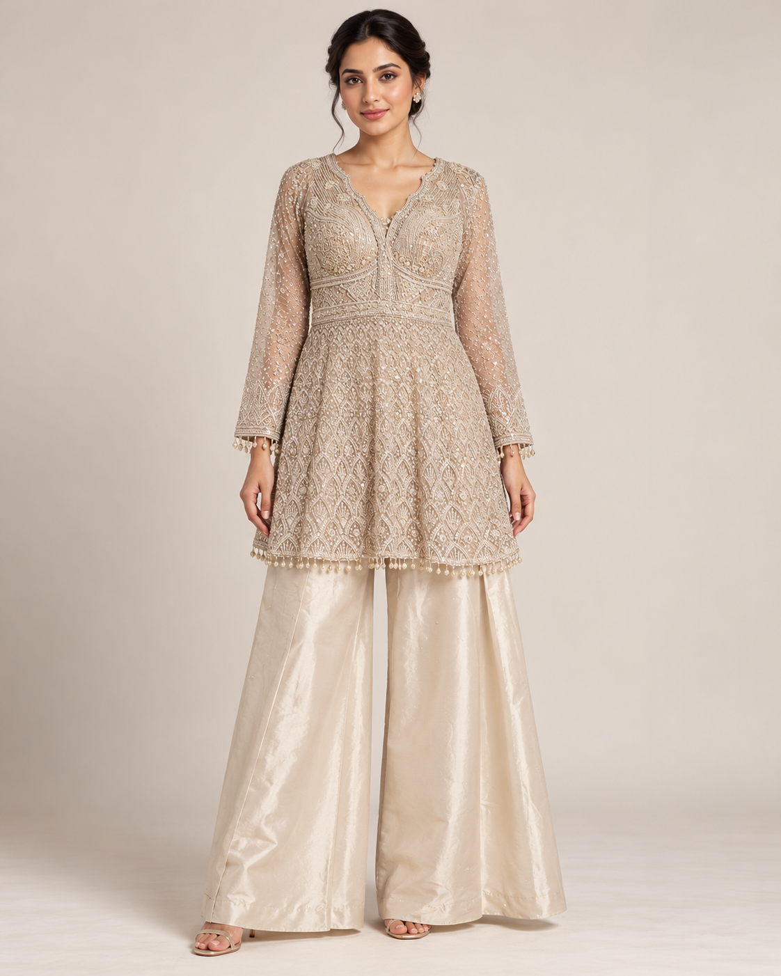 Ivory Embellished Flared Kurta with Sheer Full Sleeves Main image