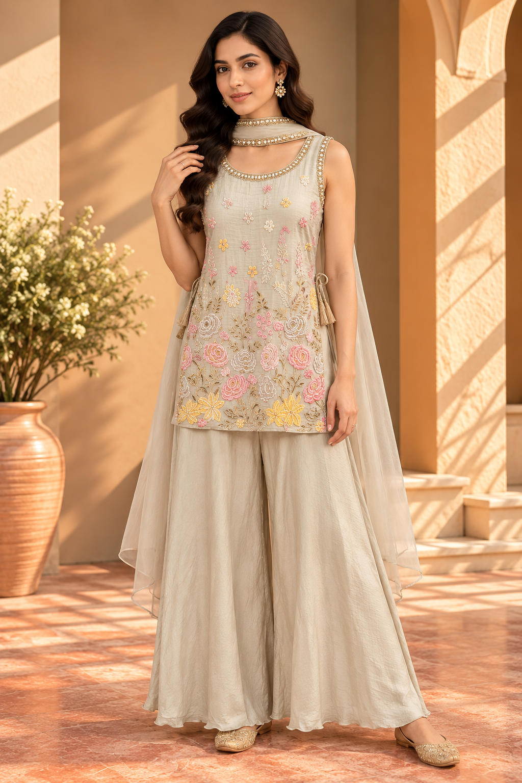 Beige Floral Embroidered Sharara Cape Set