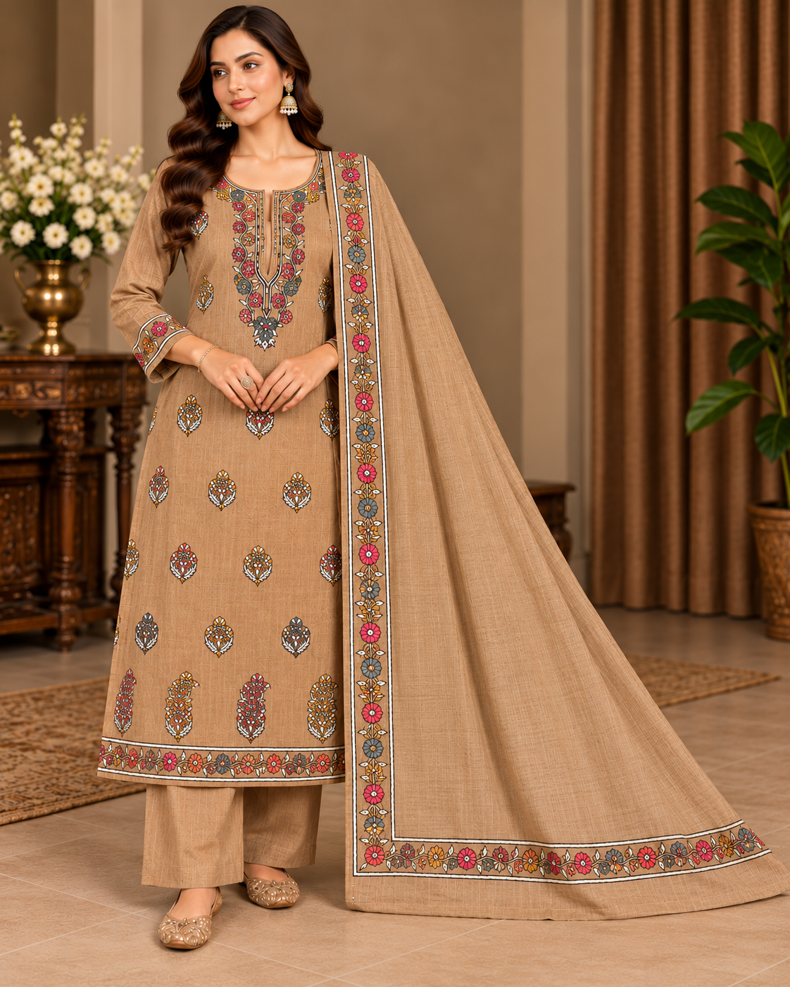 Elegant Beige Multicolor Floral Suit Fabric