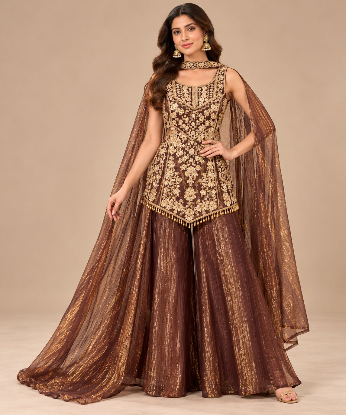 Chocolate Brown Embroidered Cape & Sharara Set