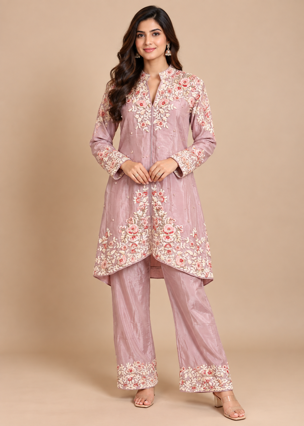 Dusty Rose Floral Embroidered Tunic Set