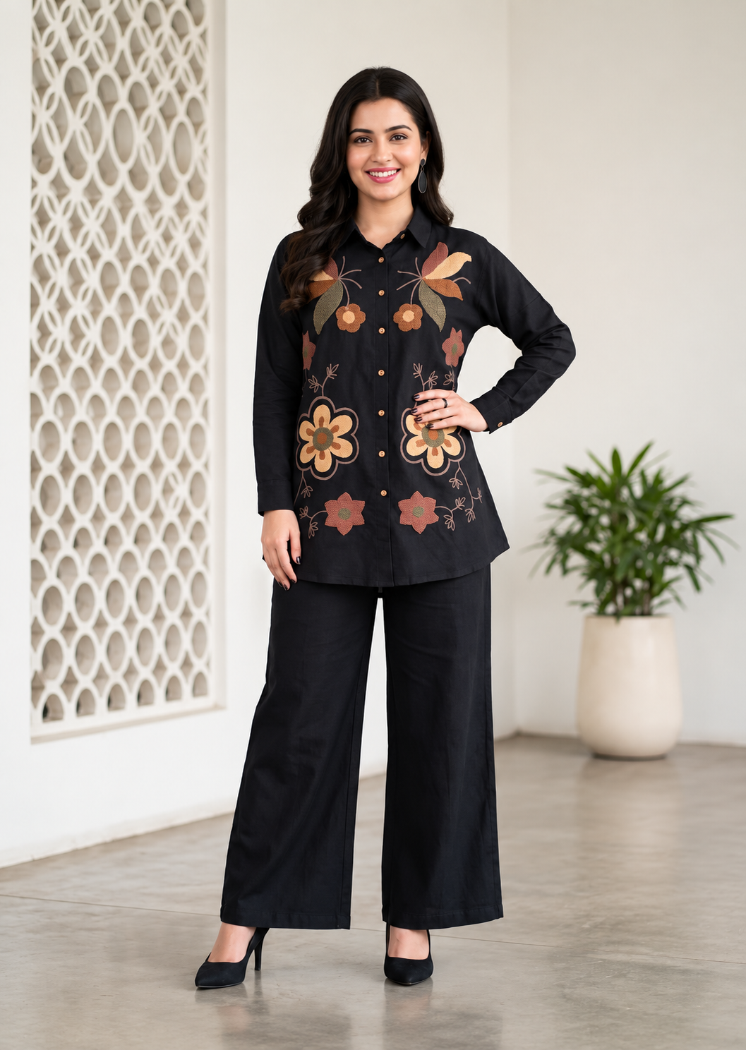 Black Floral Embroidered Co-ord Set Main image