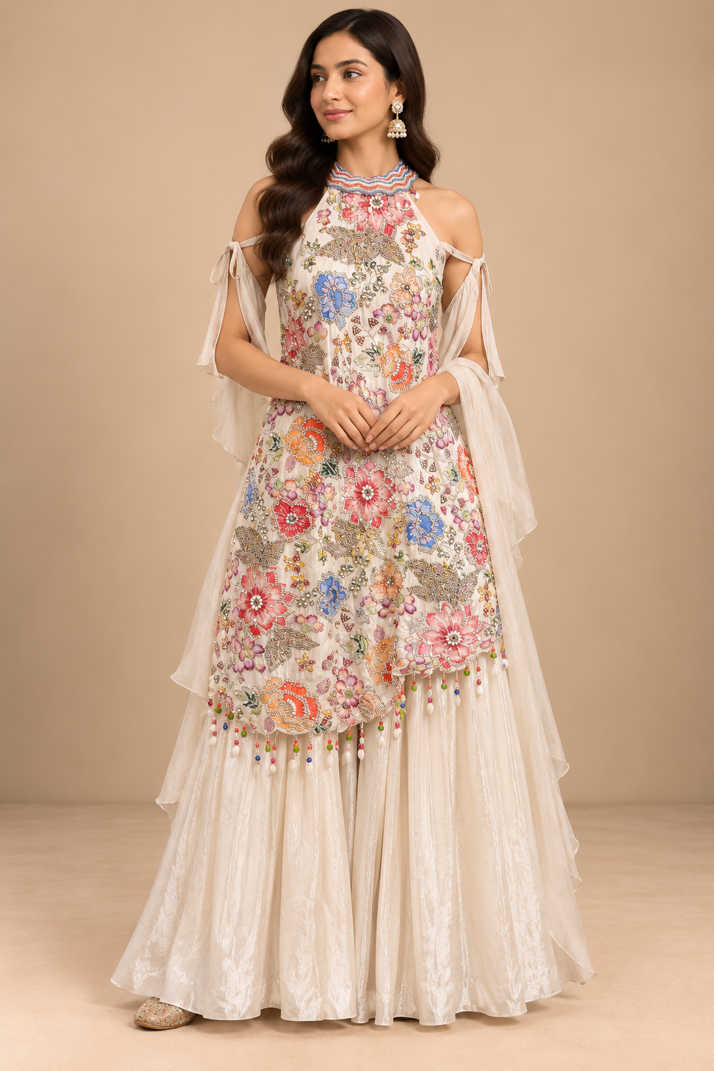 Ivory Multicolour Floral Embroidered Designer Gown