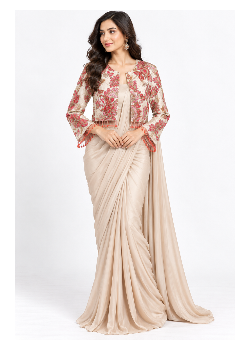 Champagne Beige Floral Jacket Draped Saree