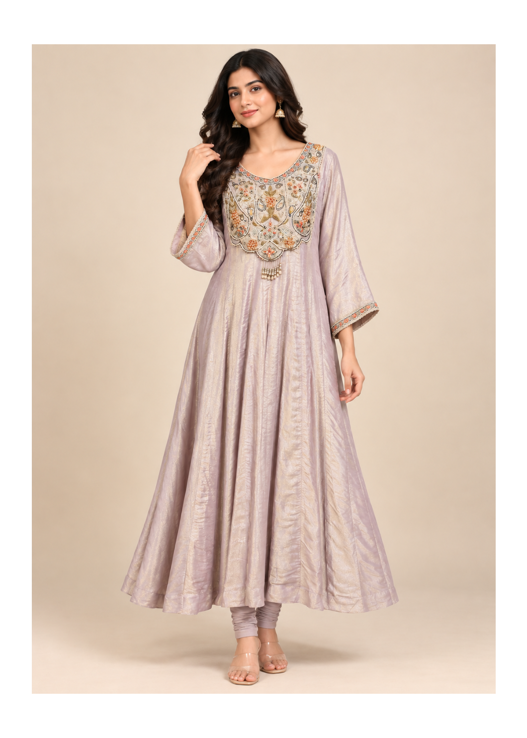 Pastel Lilac Multicolor Embroidered Anarkali Suit Set
