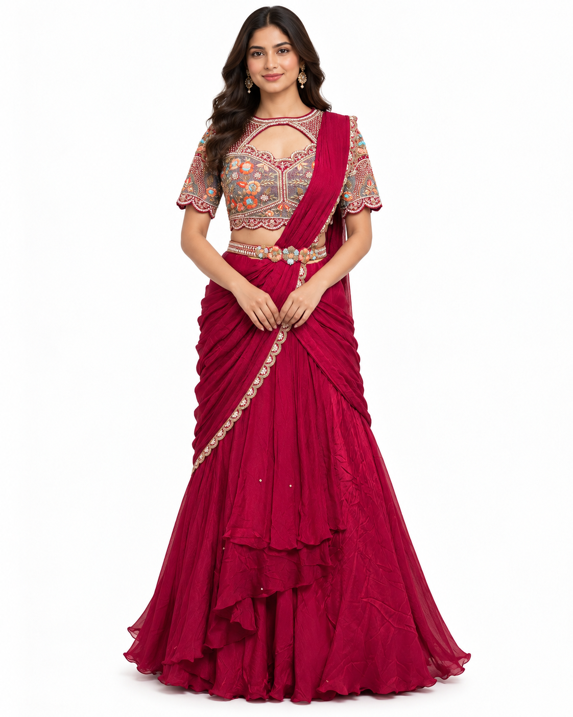 Magenta Embroidered Draped Lehenga Set Main image
