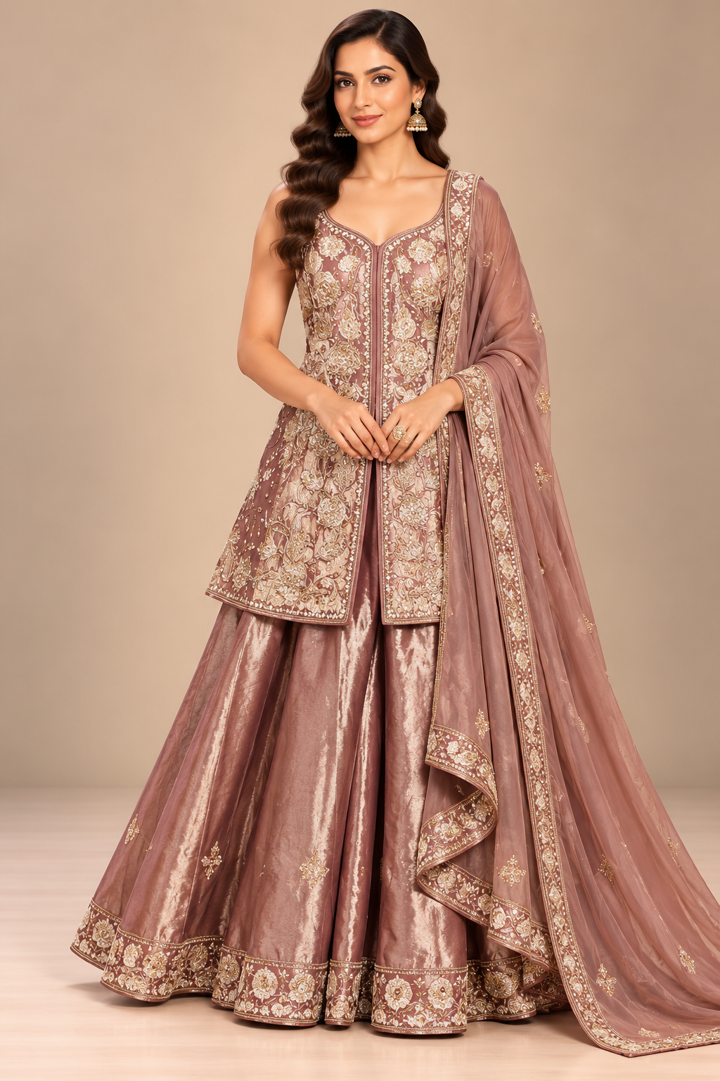 Graceful Mauve & Gold Heavily Embroidered Sharara Set Main image