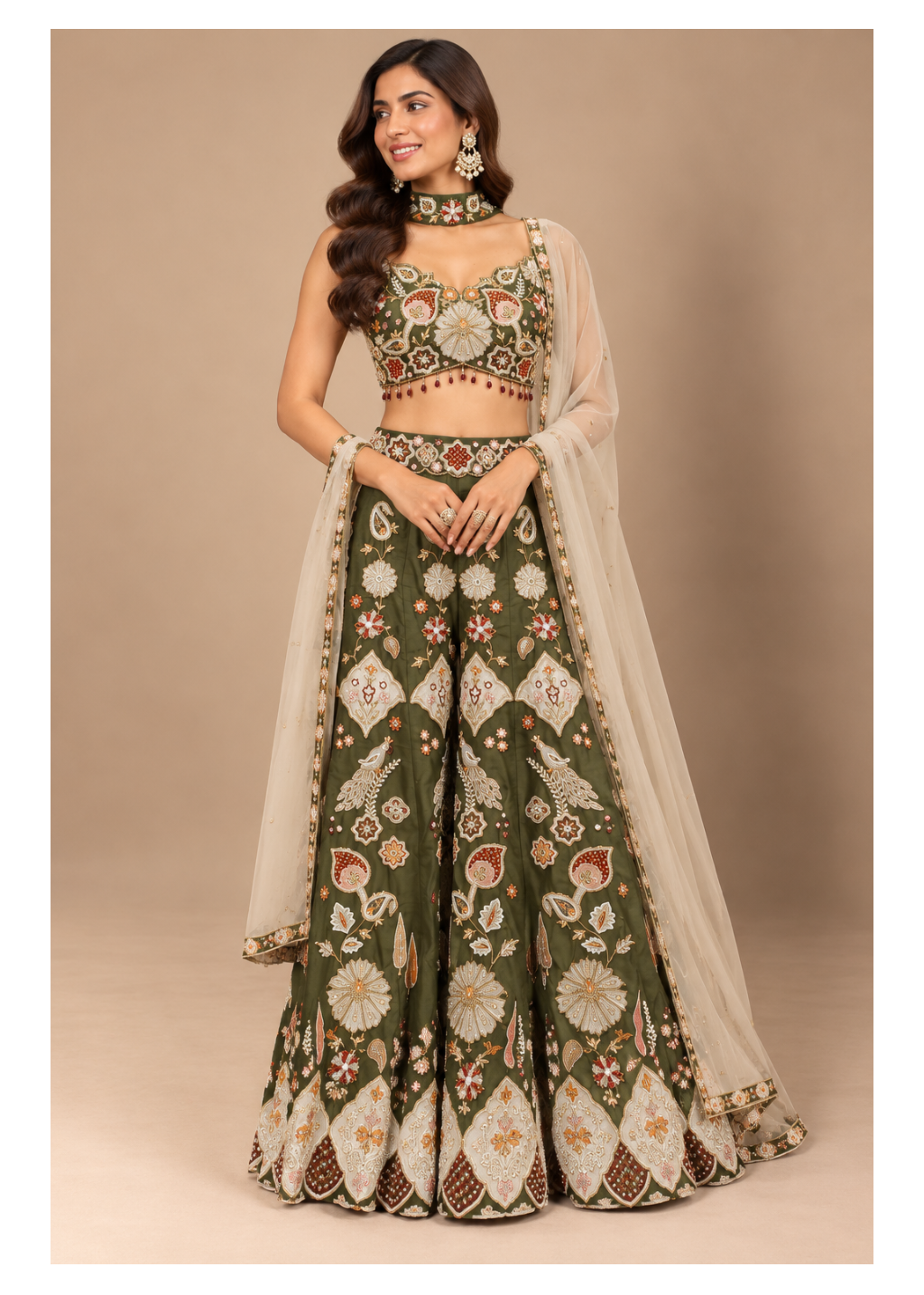 Olive Green Floral Embroidered Sharara Set