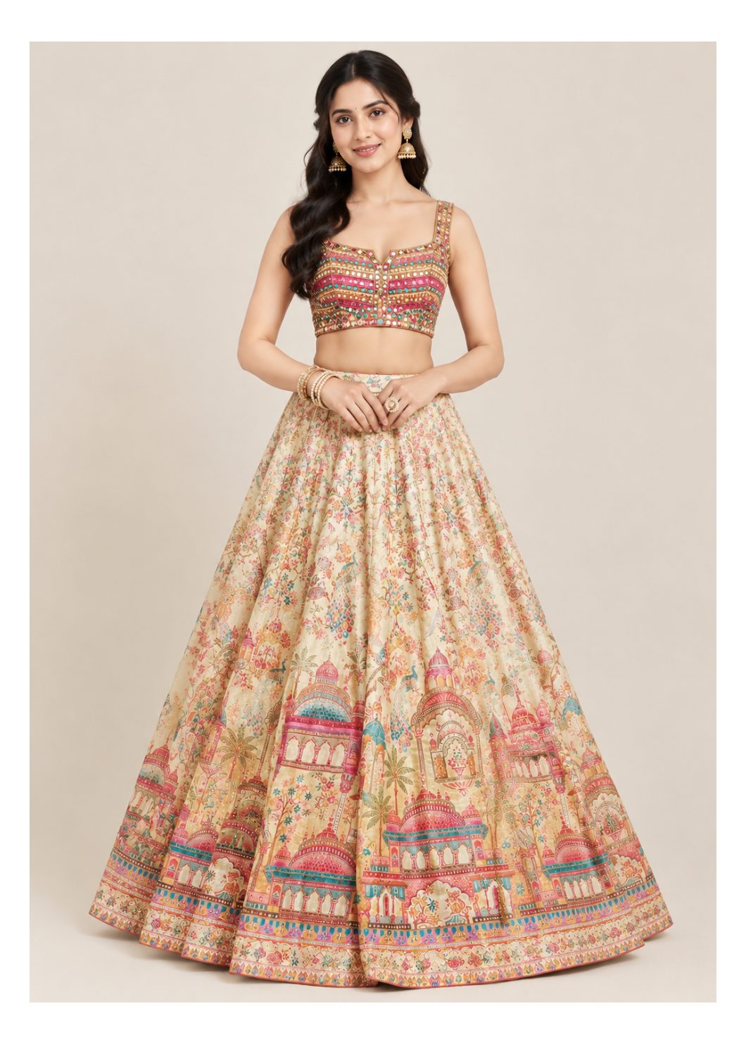 Cream Palace Print Lehenga with Dupatta Main image