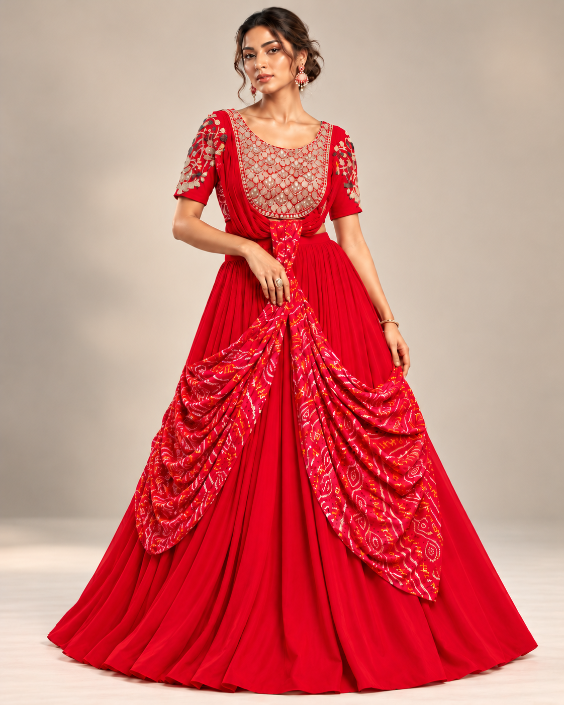 Royal Red Bandhani Draped Designer Lehenga