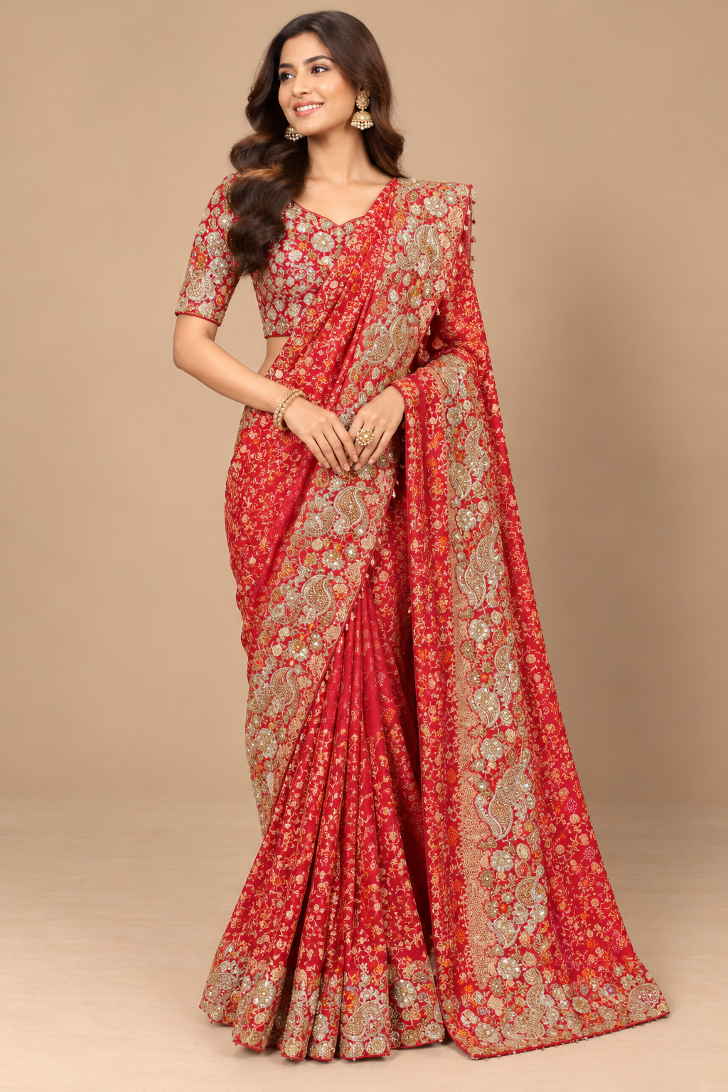 Red Gold Paisley Saree Main image