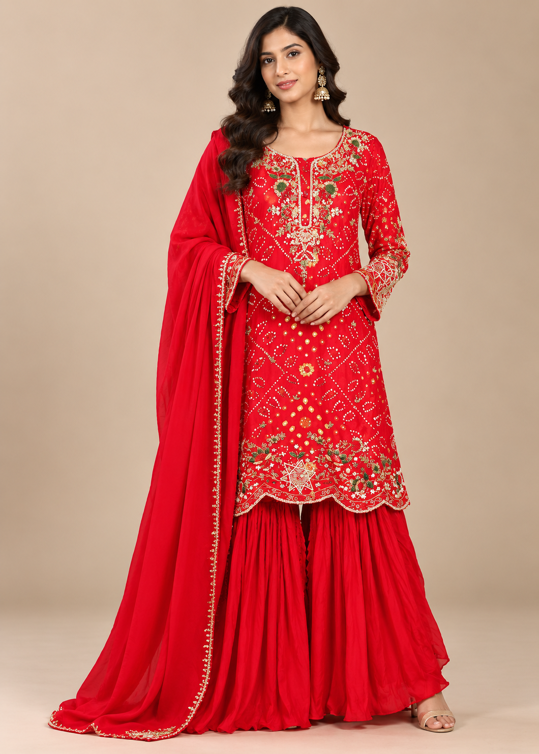 Vibrant Red Embroidered Bandhani Sharara Set Main image