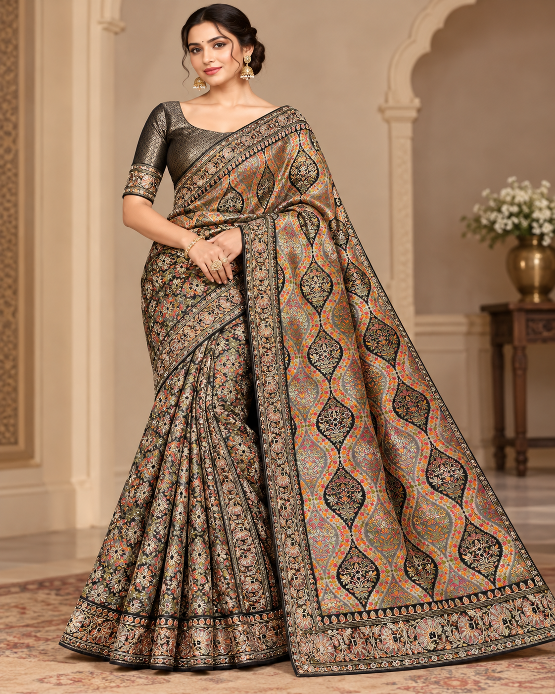 Black Kalamkari Print Silk Saree