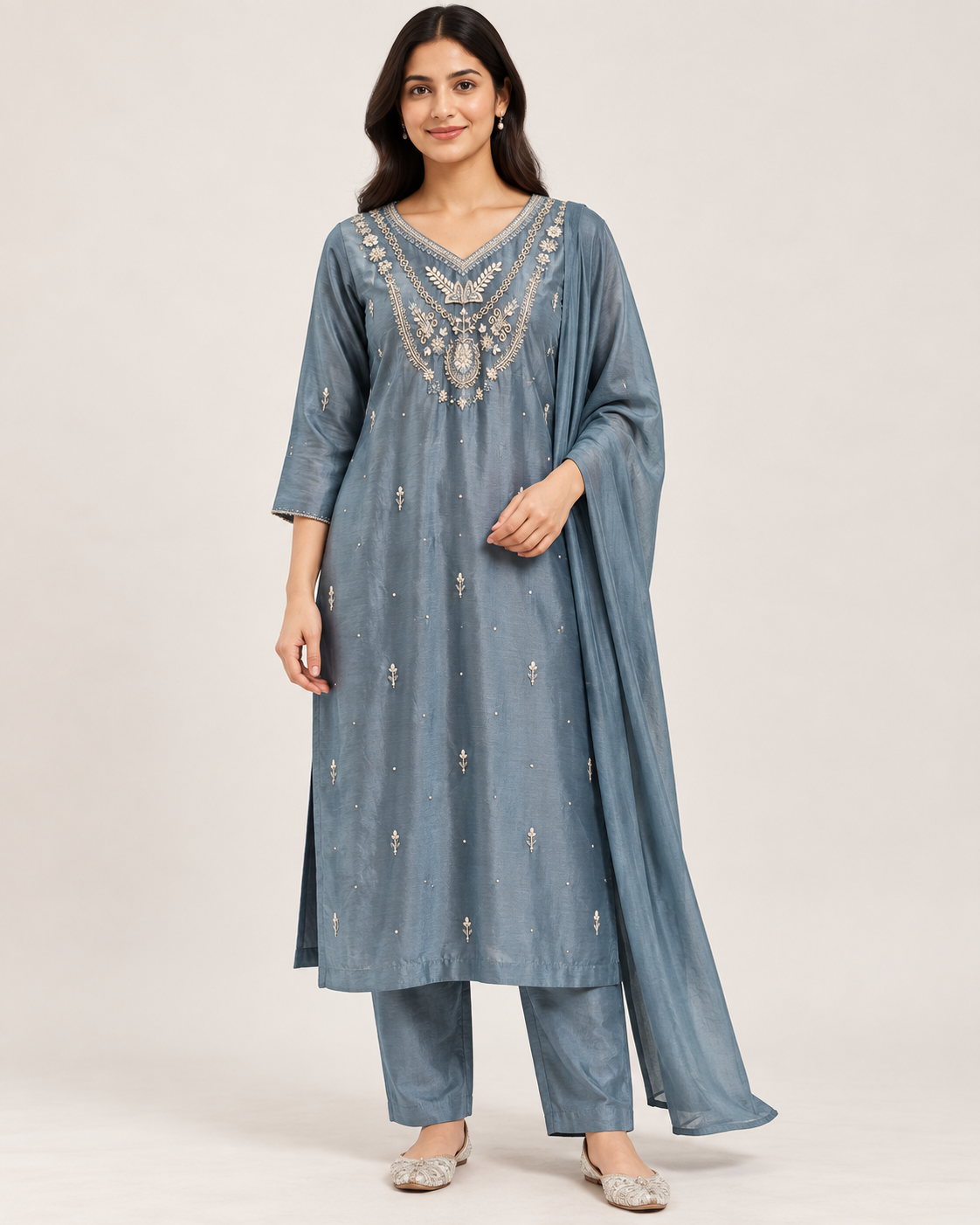 Slate Blue Embroidered Kurti Pant Set with Dupatta Main image