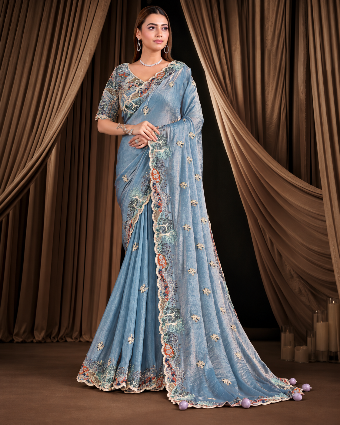 Powder Blue Satin Silk Saree with Handwork Embroidery Main image