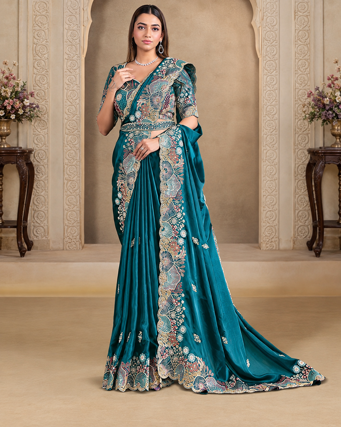 Teal Crush Satin Silk Saree with Handwork Embroidery