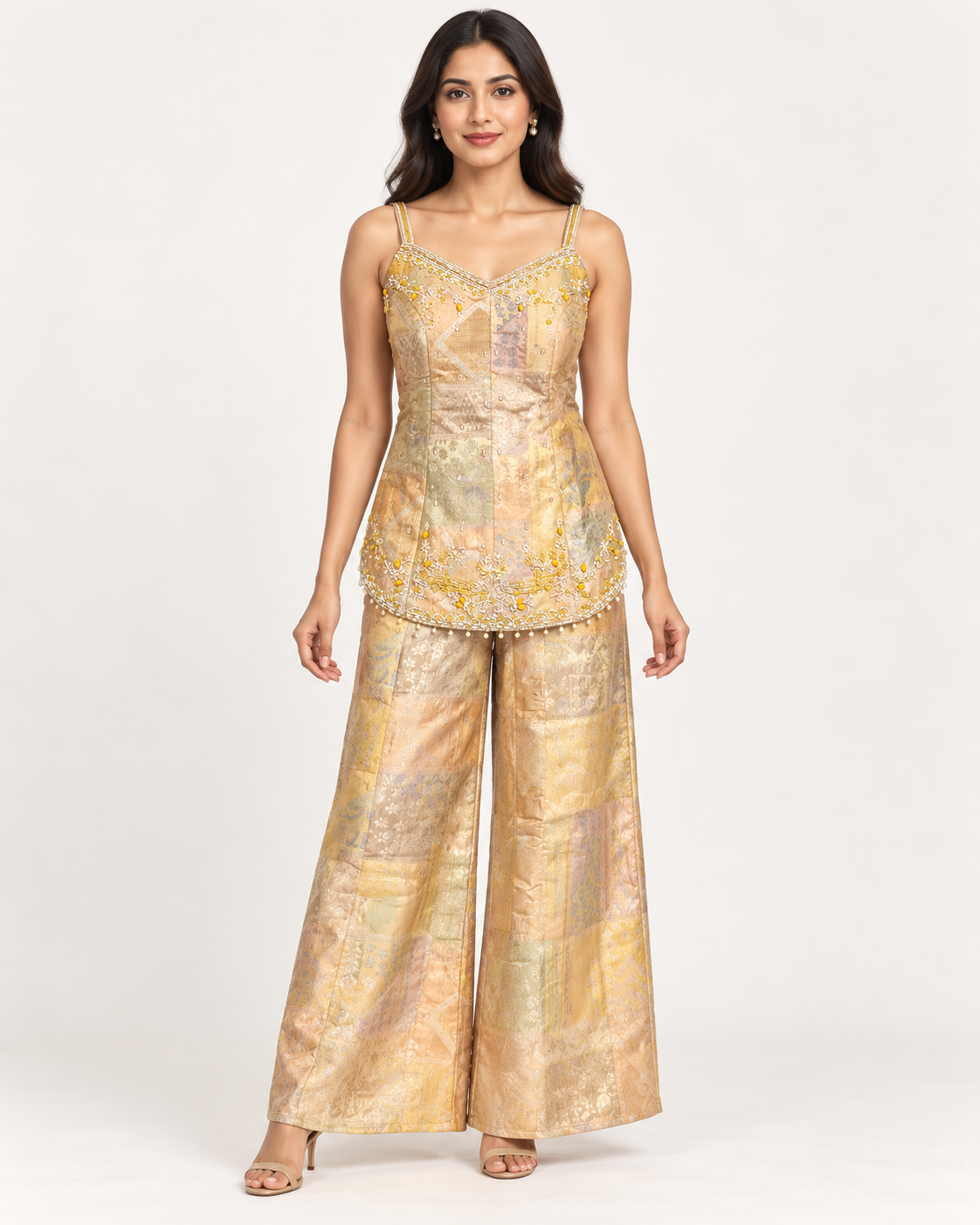 Gold Embellished Strappy Kurta and Palazzo Set