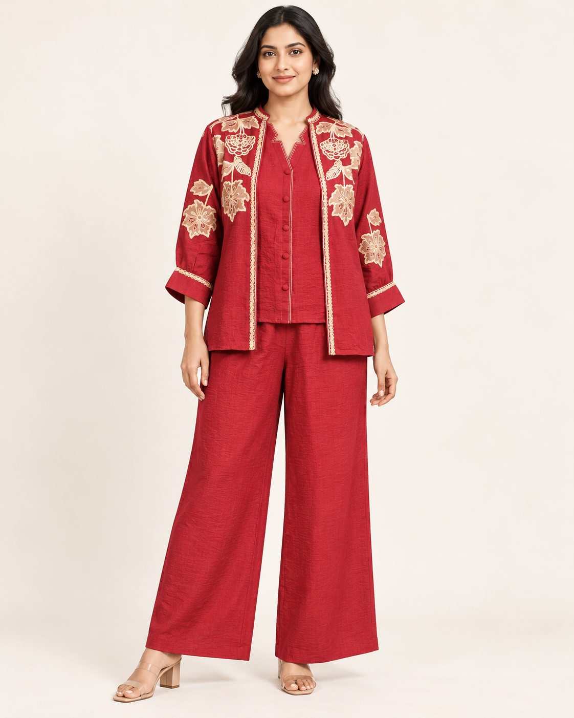 Raspberry Floral Embroidered Jacket Palazzo Set Main image