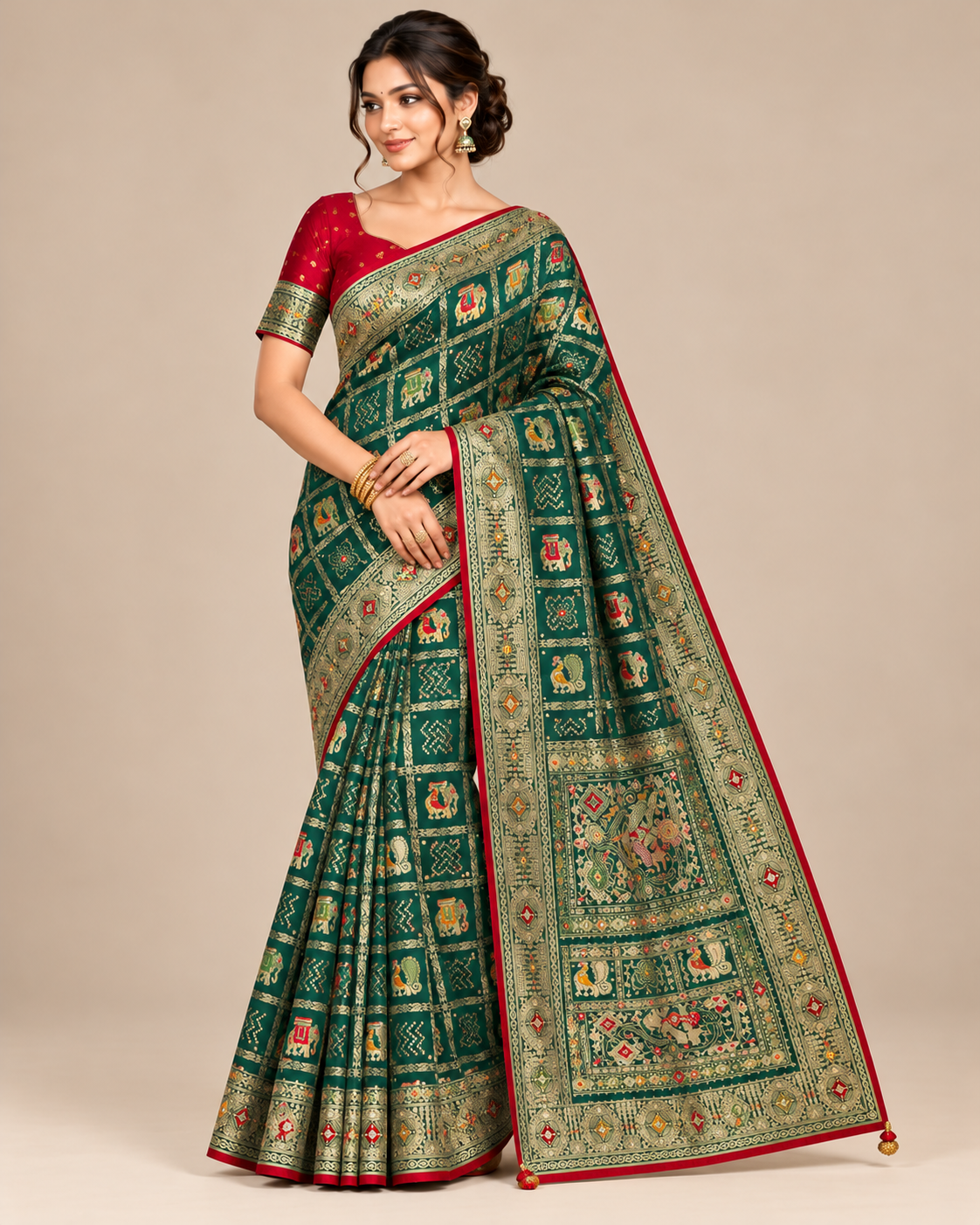 Regal Sea Green Banarasi Silk Saree with Contrast Red Blouse Main image