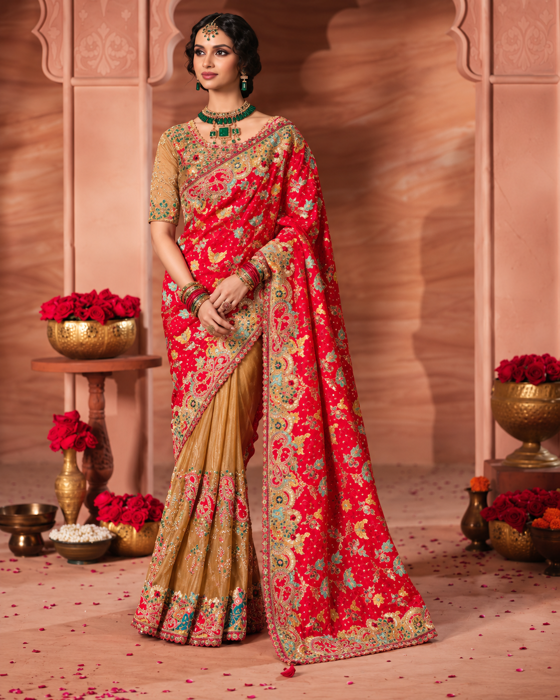Red Gold Dual-Tone Embroidered Silk Saree Main image