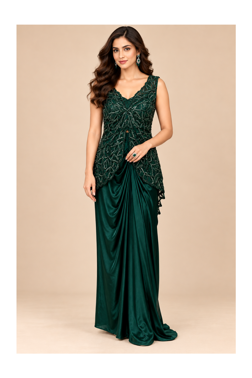Emerald Green Embroidered Peplum &amp; Cowl-Draped Skirt Set