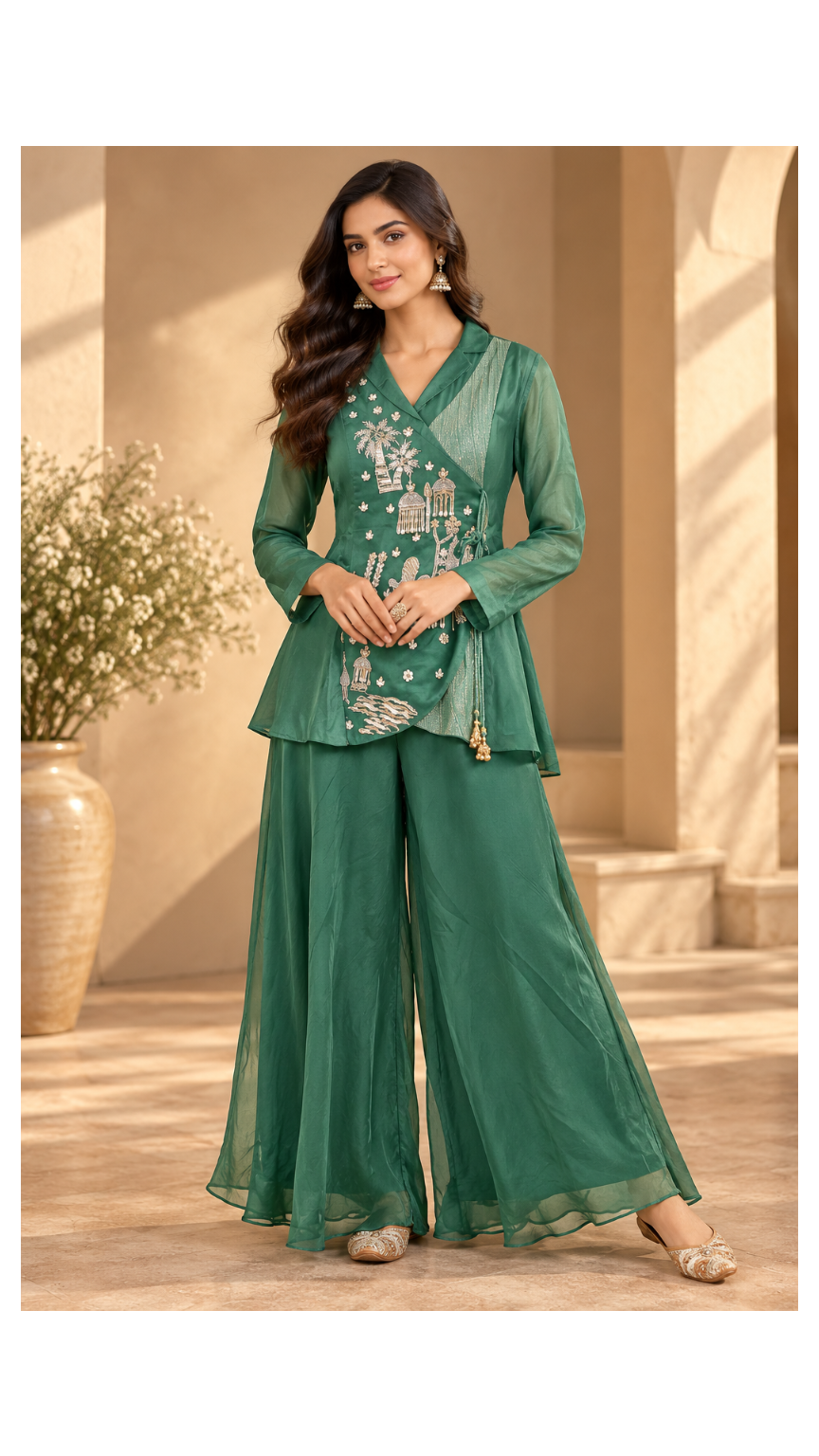 Emerald Green Angrakha-Style Co-ord Set