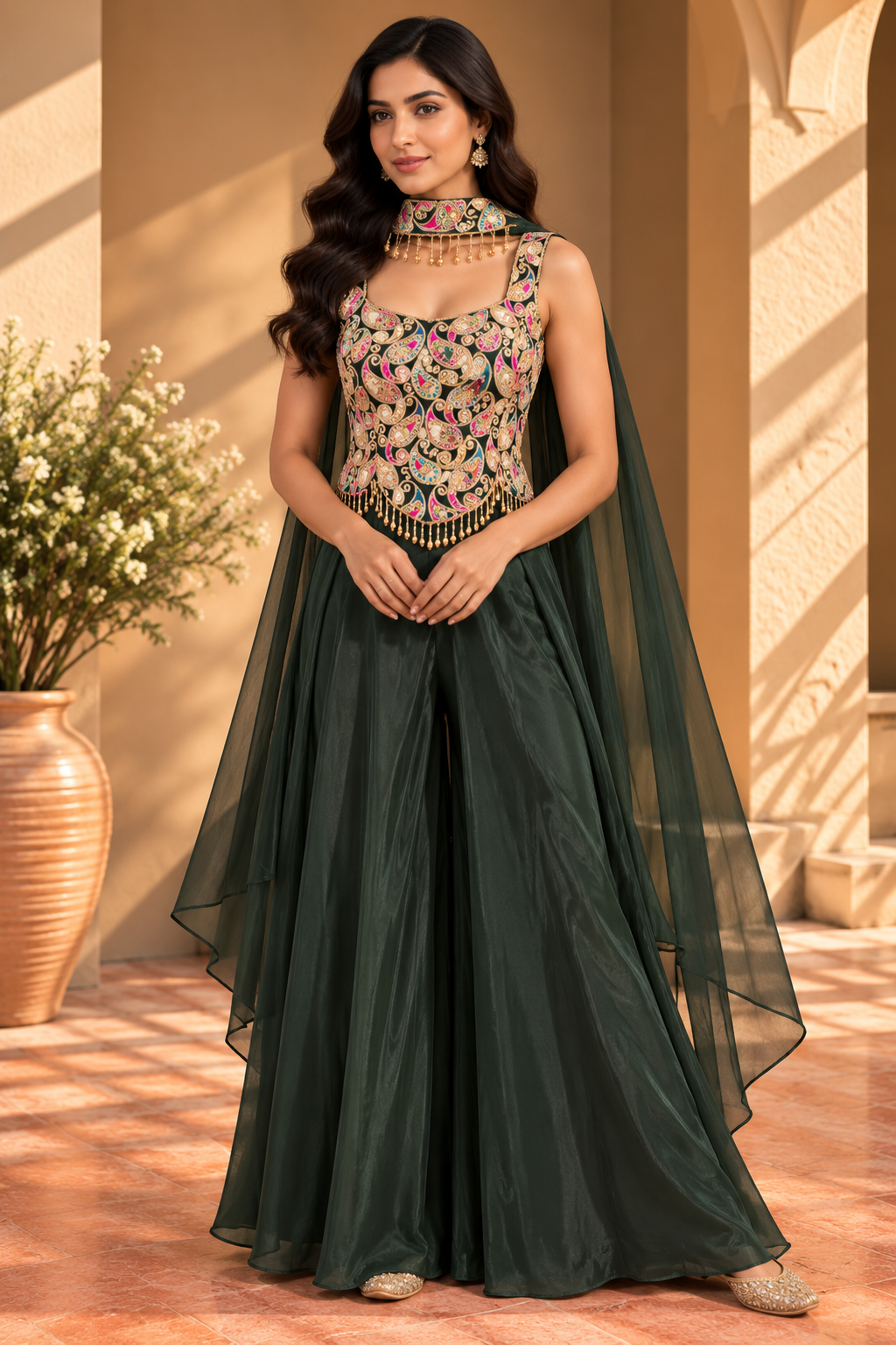 Deep Emerald Paisley Embroidered Corset & Sharara Cape Set