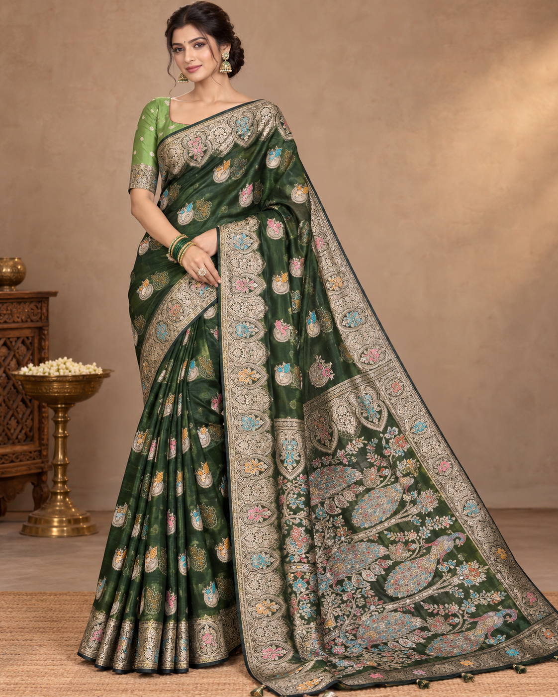 Emerald Green Meenakari Peacock Silk Saree