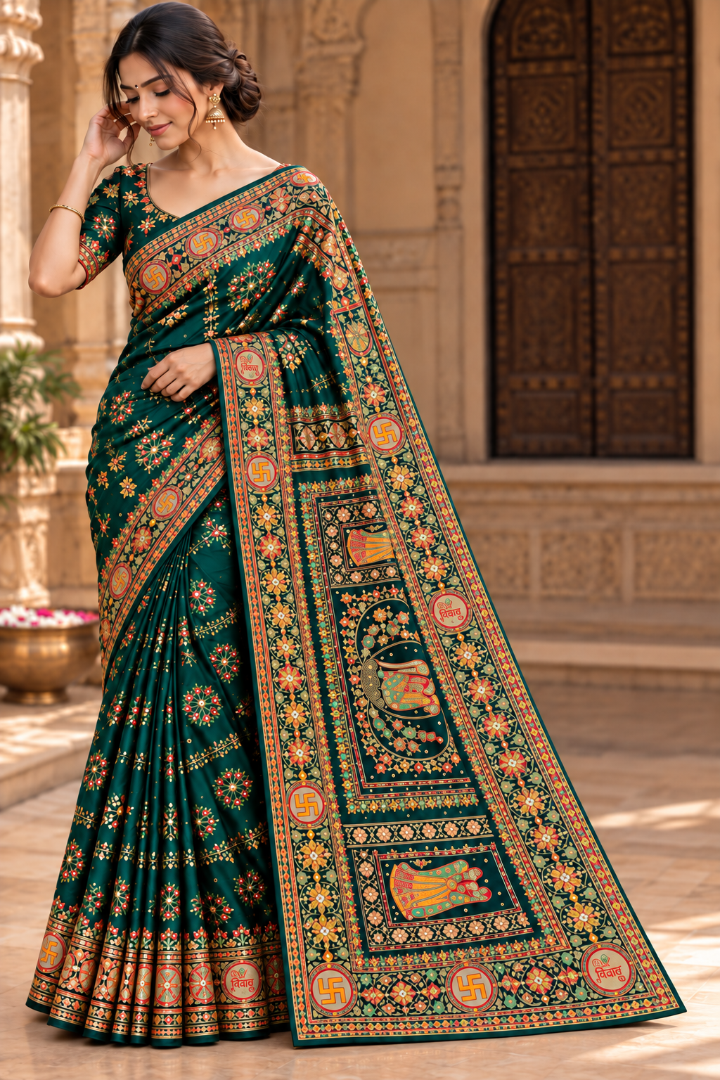 Orange Saree with Traditional Motifs and Maroon Border