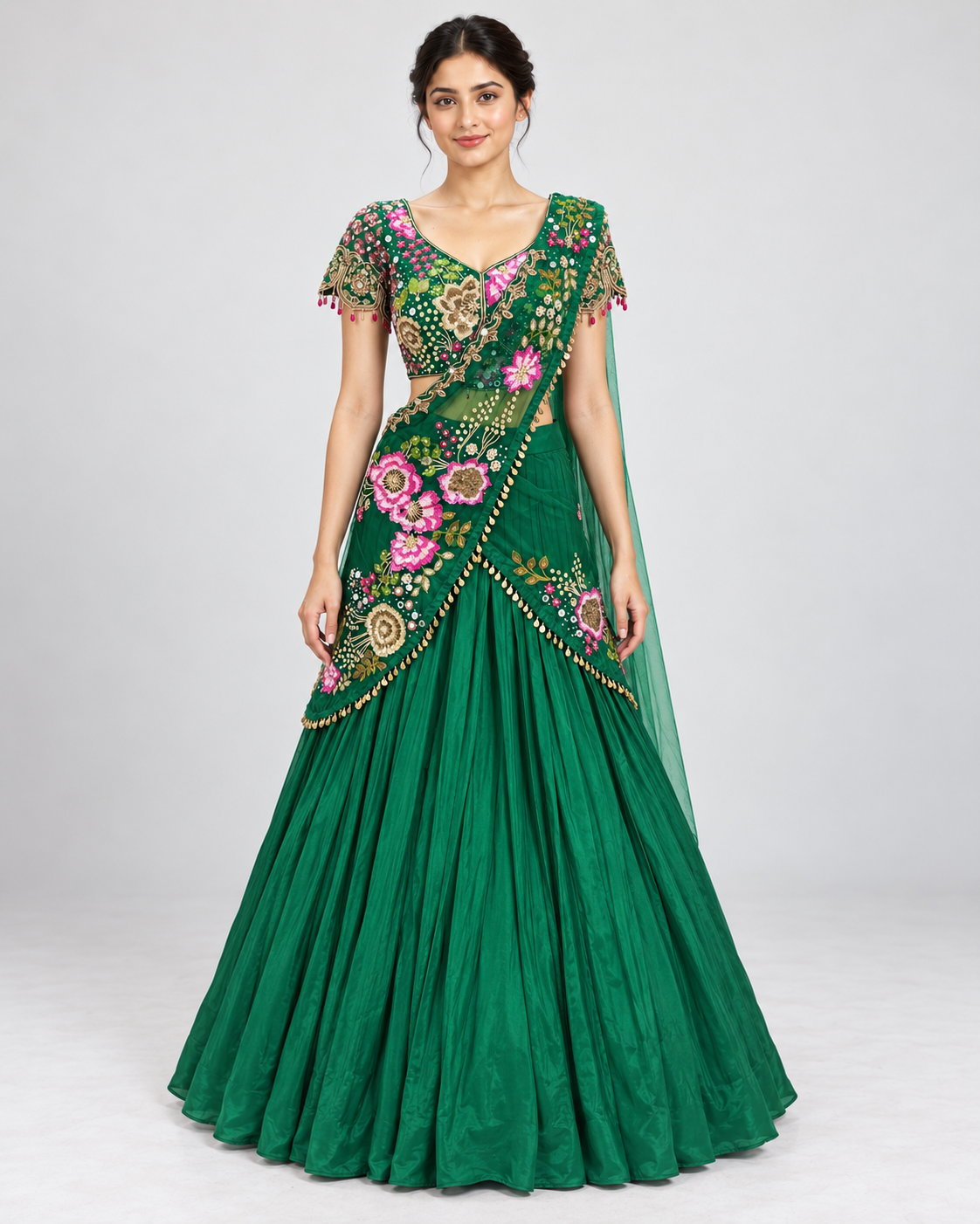 Green Floral Embroidered Lehenga Set