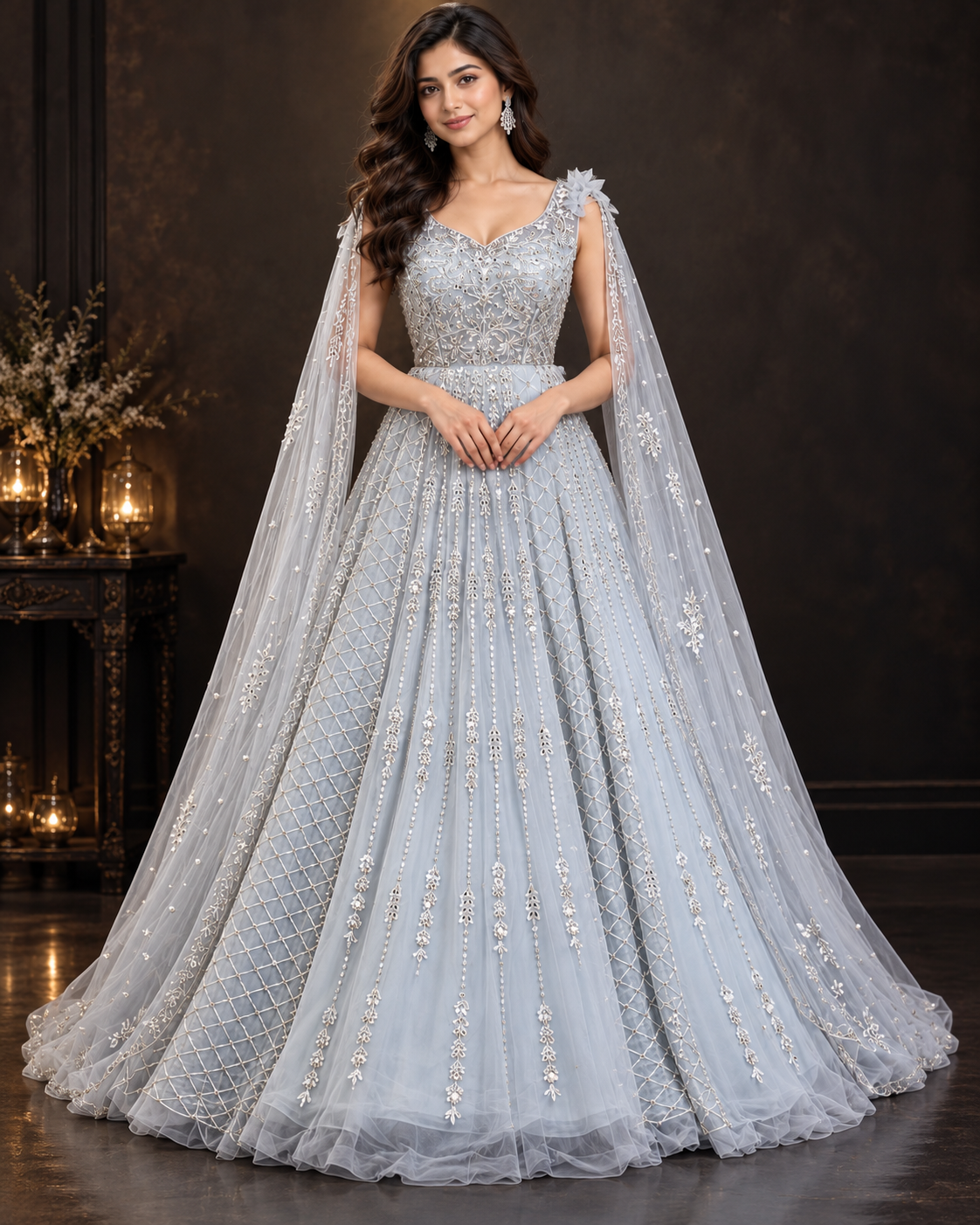 Ethereal Ice Blue Embroidered Designer Gown Main image