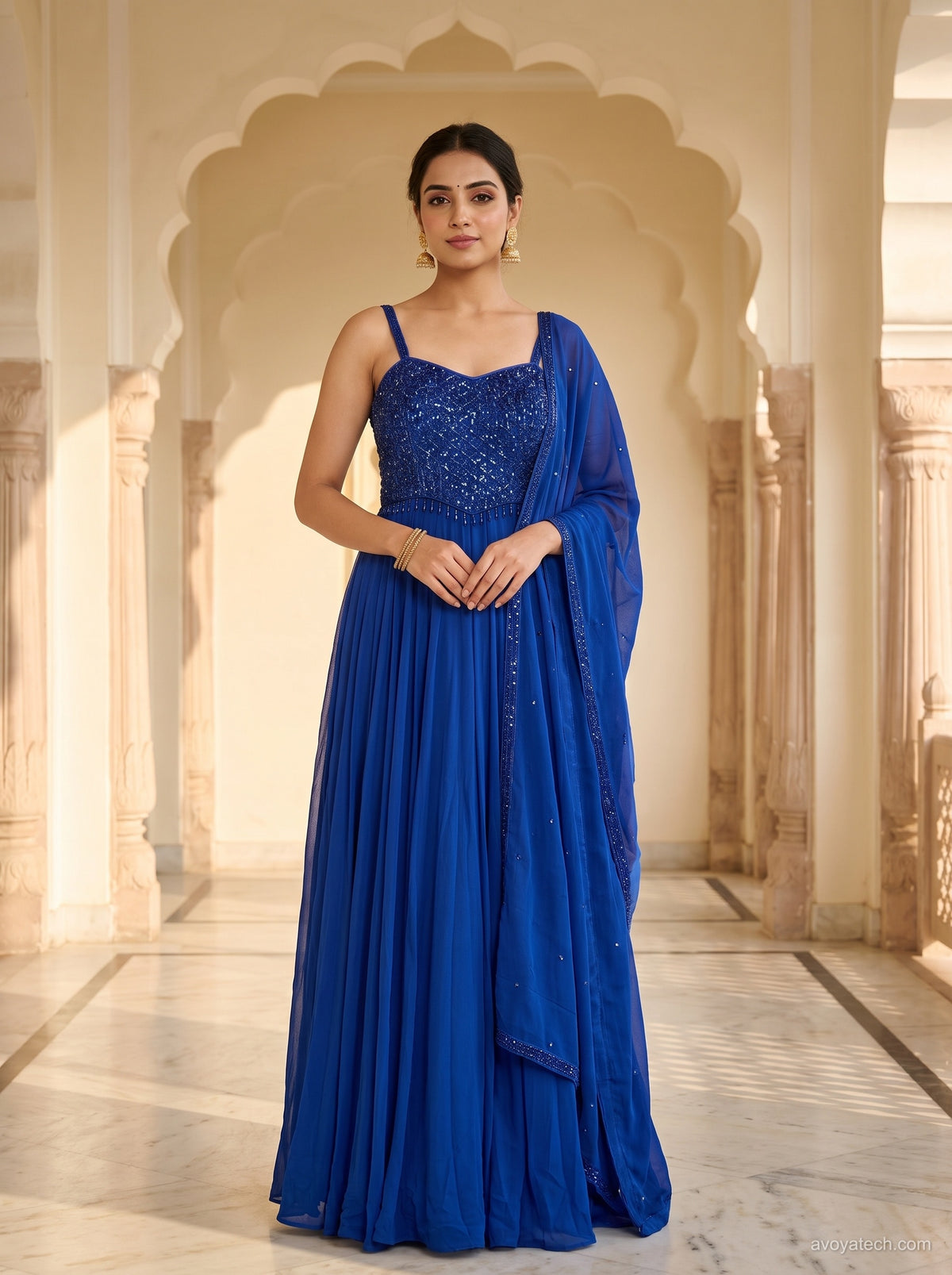 Royal Blue Sequin Embellished Pleated Anarkali Gown Set