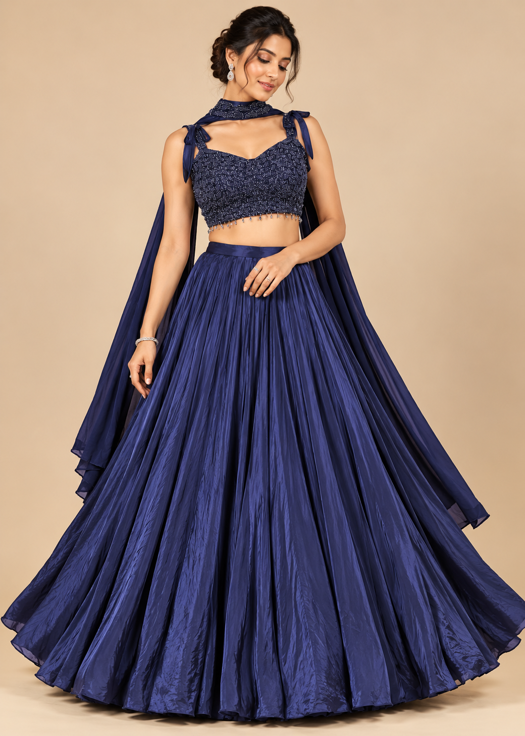 Navy Blue Embellished Lehenga with Choker Dupatta