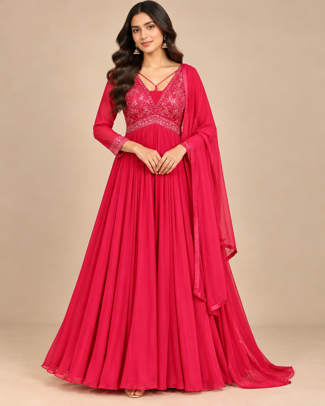 Fuchsia Pink Embroidered Anarkali Gown Set Main image