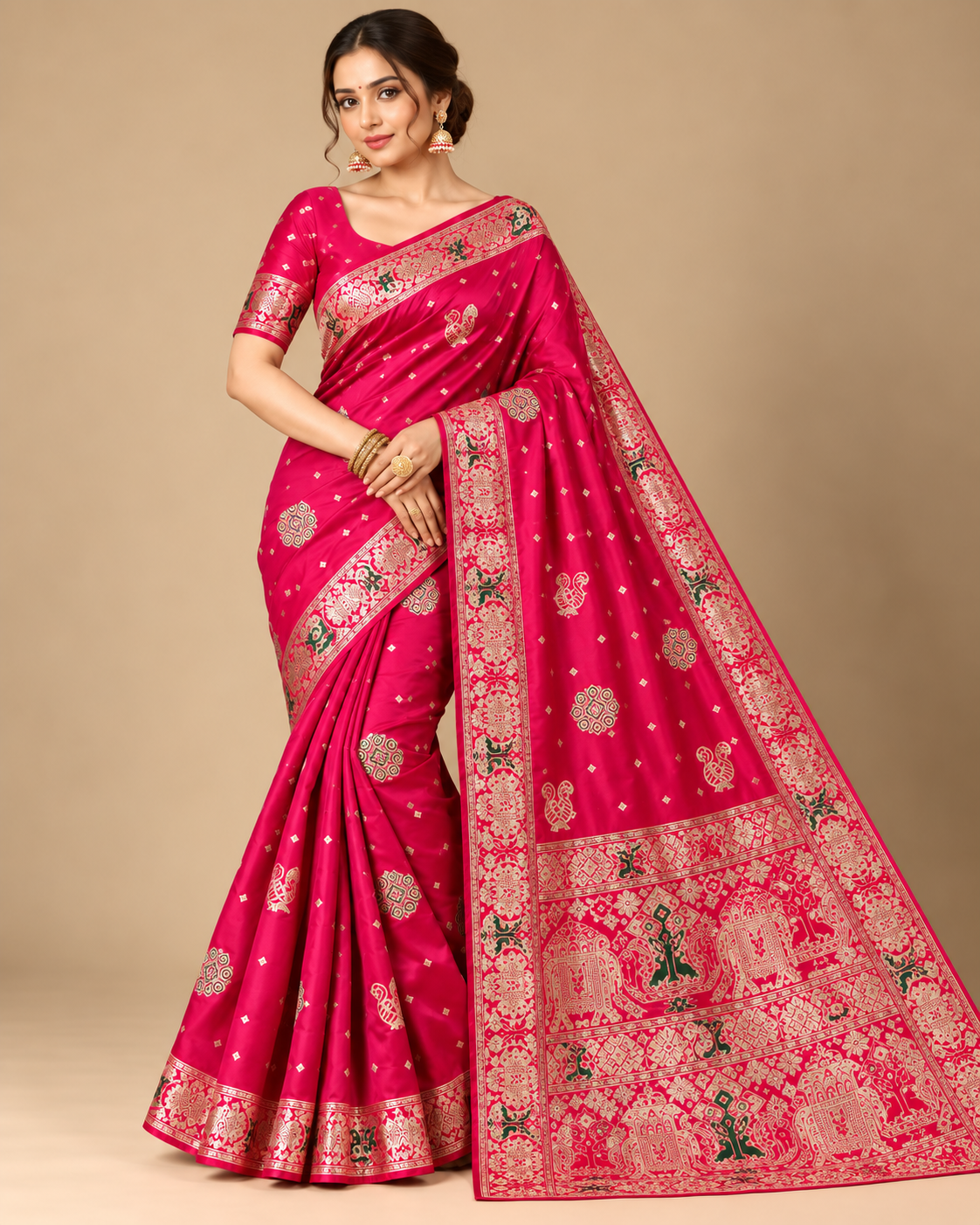 Rani Pink Heritage Motif Saree with Grand Pallu