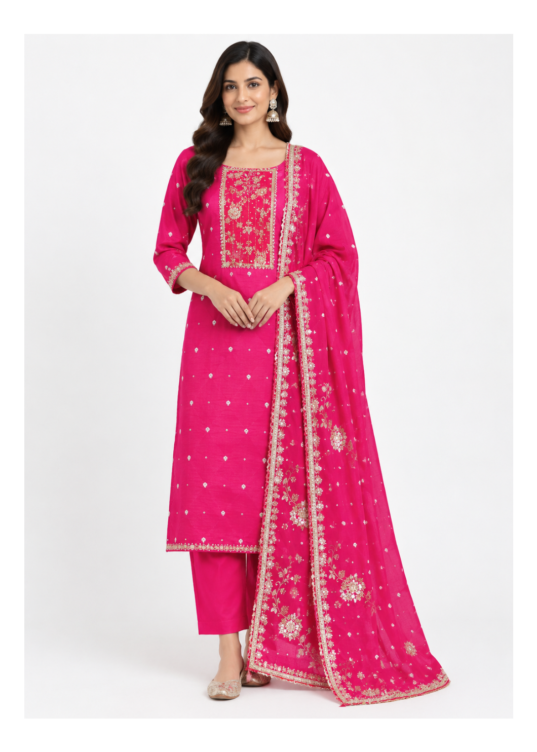 Pink Embroidered Suit Set with Floral Work