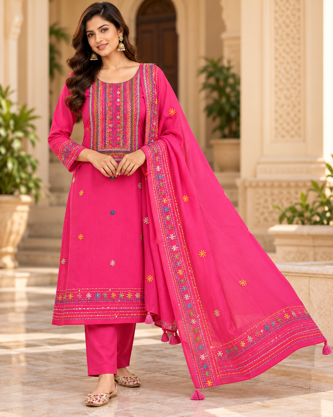 Rani Pink Multicolour Embroidered Unstitched Suit Fabric with Dupatta