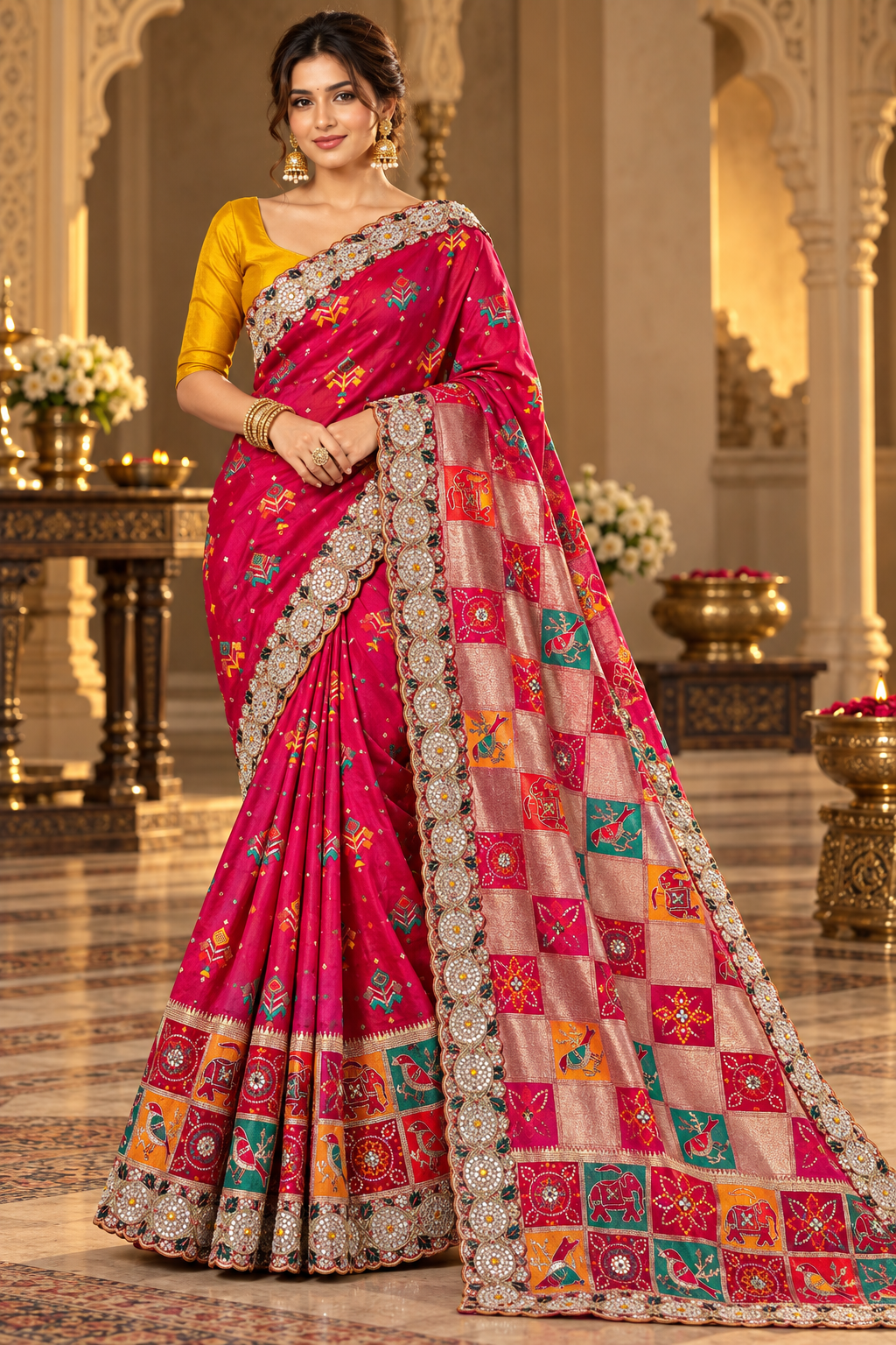 Fuchsia Pink Silk Saree with Circular Mirror-Work Border & Patola-Style Checkered Pallu