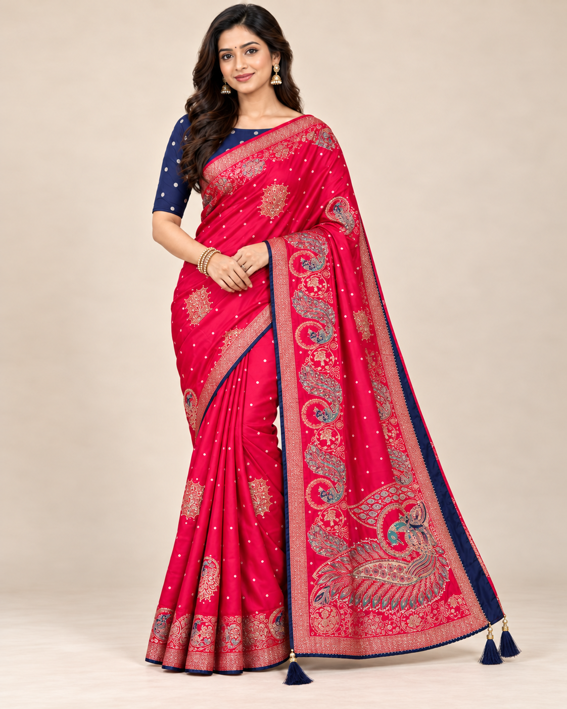 Rani Pink Saree with Traditional Peacock Motifs