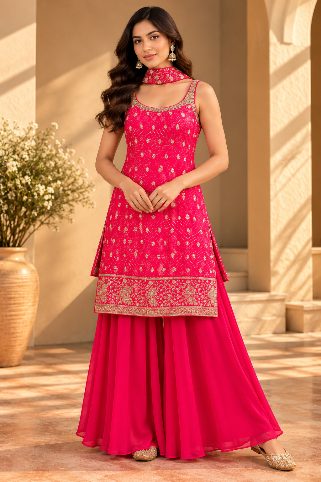 Fuchsia Pink Embroidered Sharara Suit Set