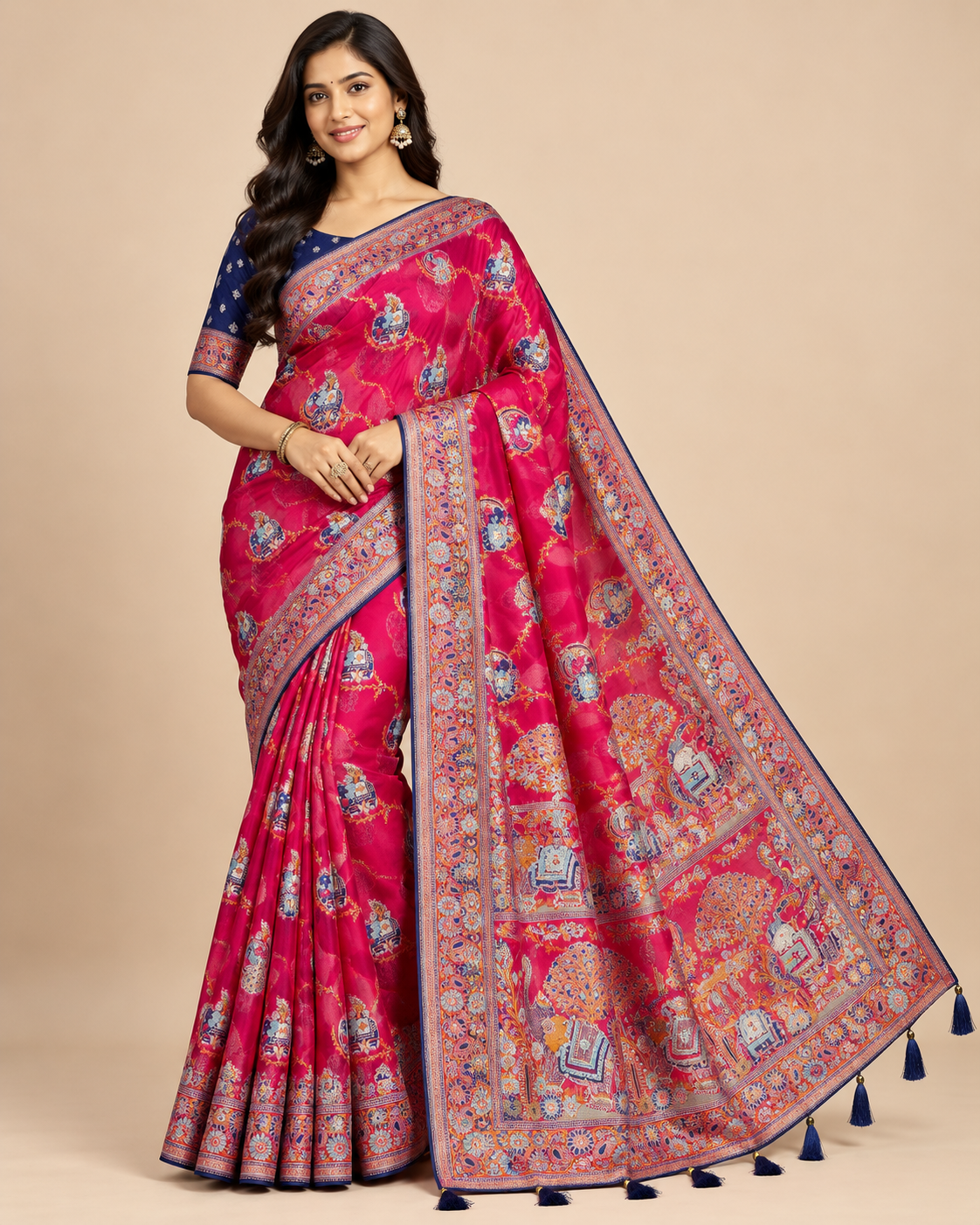 Fuchsia Pink Silk Saree with Traditional Elephant Motifs Main image