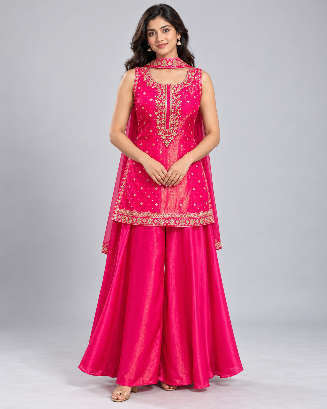 Rani Gold Embroidered Palazzo Suit with Choker Dupatta Main image