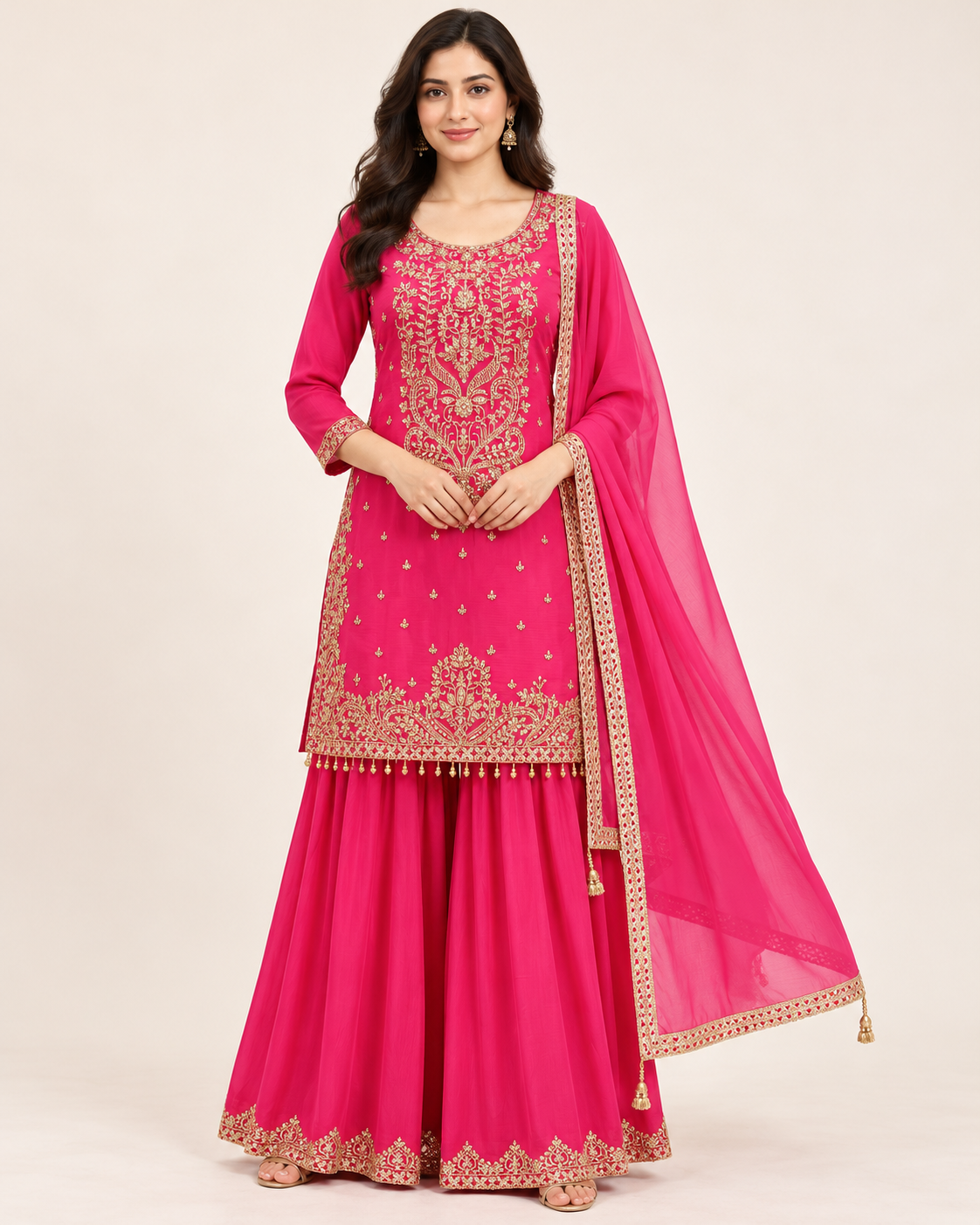 Fuchsia Pink Gold Embroidered Sharara Set